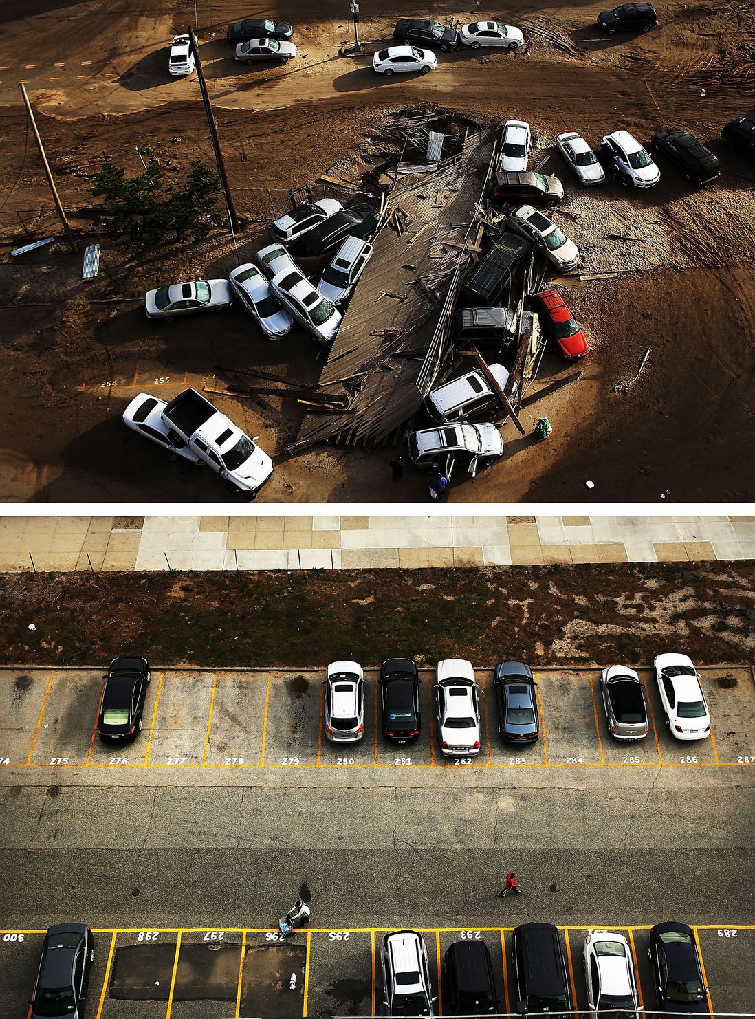 [Top] Abandoned and flooded cars are sit after Hurricane Sandy on November 2, 2012 in the Rockaway neighborhood, of the Queens borough of New York City. [Bottom] Cars sit in a parking lot on October 20, 2013.